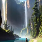 ai generated, girl, river, hiking, adventure, travel, promenade, walk, path, cliff, nature, cascade, ravine, mountains