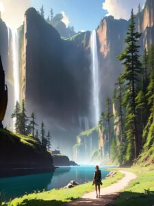 ai generated, girl, river, hiking, adventure, travel, promenade, walk, path, cliff, nature, cascade, ravine, mountains