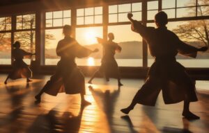 ai generated, karate, dojo, gym, sports, training, self defense, martial arts, sunset, silhouette