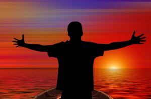 person, human, pleasure, sunset, sea, water, waves, boat, sun, orange, lust for life, cheers, silhouette, young people, boy, jocosity, comfort, be pleased with, satisfaction, merry mood, cheerful mood, happy courage, nature, frohsinn, joy, bliss