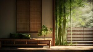 ai generated, room, bamboos, wooden bench, realistic portrayal, concept art, atmospheric environment, tranquil setting, traditional japanese aesthetic, natural elements, serene ambiance, cultural fusion, minimalist style, detailed artwork, harmonious composition, subtle lighting, immersive atmosphere, japanese-inspired room, traditional materials, inviting space, interior design