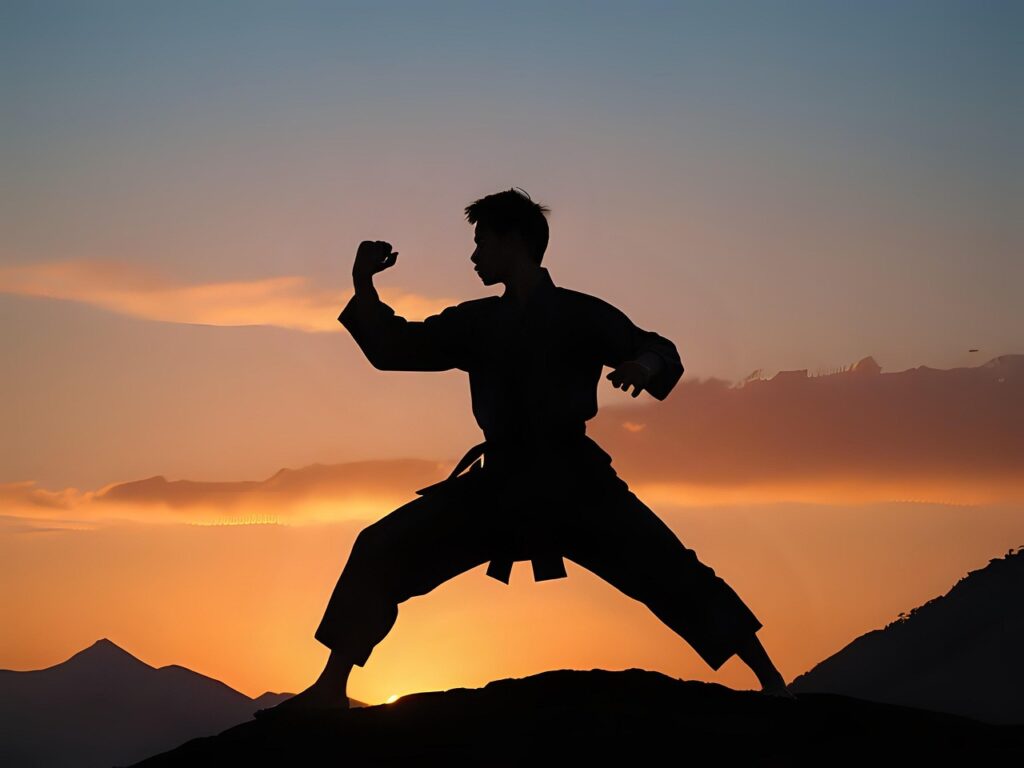 man, warrior, sunset, kung fu, action, master, silhouette, karate, nature, sport, ninja, shaolin, fight, fighter, wushu, pose, mountain