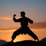 man, warrior, sunset, kung fu, action, master, silhouette, karate, nature, sport, ninja, shaolin, fight, fighter, wushu, pose, mountain