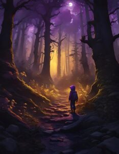 ai generated, little boy, strayed, forest, gloomy, walk, search, woods, nature, trees, digital art