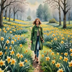 woman, flowers, daffodil, spring, walking, walk, watercolor, painting, nature