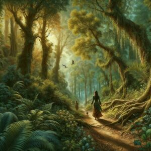 ai generated, forest, nature, view, trees, path, fog, light, walk, calm, background, leaves