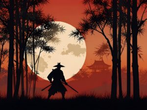 samurai, nature, dark, night, swords, trees, woods, outdoors, ai generated