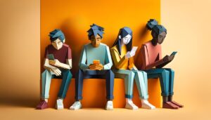 ai generated, group, diverse, tiktok, mobile phones, origami, style, paper art, folded paper, group of people, modern art, colorful design, yellow background, abstract figures, digital age, social media, connectivity, youth culture, casual clothing, vibrant colors, sitting pose, geometric shapes, contemporary style, technology usage, minimalistic design