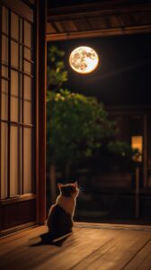ai generated, pet, cat, tatami, sitting, floor, japanese, house, traditional, feline, peaceful, architecture, animal, zen, calm, vintage, nature, serene, tranquil, room, asian, night, full moon