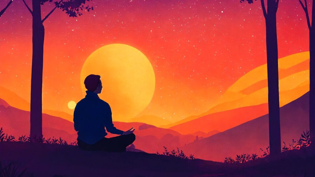 ai generated, meditation, sunset, nature, relaxation, yoga, monk, zen, meditate, religion, spiritual, peace, balance, buddhism, wellness, buddhist, calm, peaceful, relax, faith, prayer, reflection, meditating