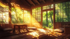 ai generated, house, traditional, cozy, wooden, nature, relaxing, japanese, anime, living room, furniture