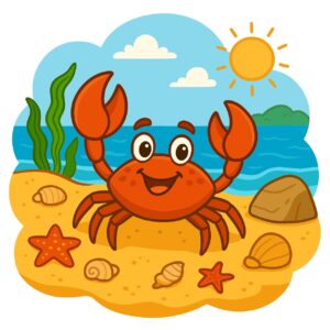 crab, nature, cartoon, beach, sea, ocean, sand, summer, sun, shells, starfish, seaweed, cute, happy, animal, marine life, ai generated