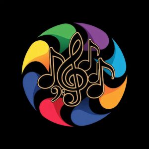 music, vibrant, colorful, cheerful, abstract, treble clef, quaver, bright, joyful, creative, circular, spectrum, artistic, dynamic, energetic, flowery, psychedelic, lively, celebratory, stylized, ai generated
