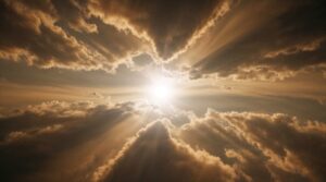 heaven, clouds, cloud shape, swelling cloud, nature, weather, storm, sun, seem, seem to be, shine, very beautiful, enormous, evening sky, radiant, heavenly, divine, fantasy, ai generated