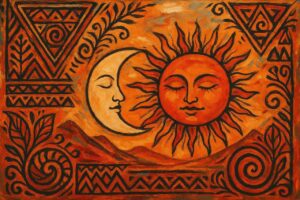 sun, moon, painting, art, tribal, folklore, celestial, orange, red, black, pattern, ancient, mystical, symbols, mountains, terrestrial, earth, culture, warm, vibrant, ai generated