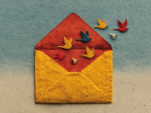 birds, envelope, paper, origami, message, fly, freedom, color, red, blue, yellow, white, art, craft, design, creative, mail, letter, release, idea, hope, spread, nature, sharing, symbol, ai generated