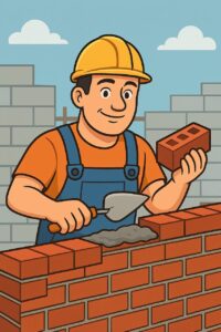 bricklayer, construction, building, mason, brickwork, wall, structure, trowel, builder, man, worker, contractor, handyman, ai generated