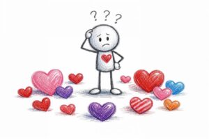 confused, options, love, hearts, uncertainty, choice, questioning, searching, relationship, emotion, variety, small, thinking, wondering, ground, feelings, selection, hesitation, scattered, curiosity, ai generated