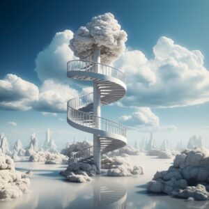 ai generated, stairs, fantasy, winter, heaven, clouds, sky, stairway, steps, climb, ladder, nature, paradise, path, space, mystical, walkway, surreal, dream, mystery