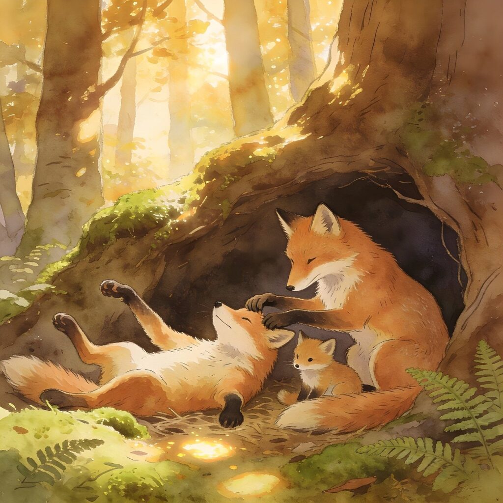foxes, nature, animal, wildlife, wild, family, predator, wilderness, mammal, fauna, canine, watercolor, painting, mom, dad, parents, baby, den, forest, clearing, ai generated
