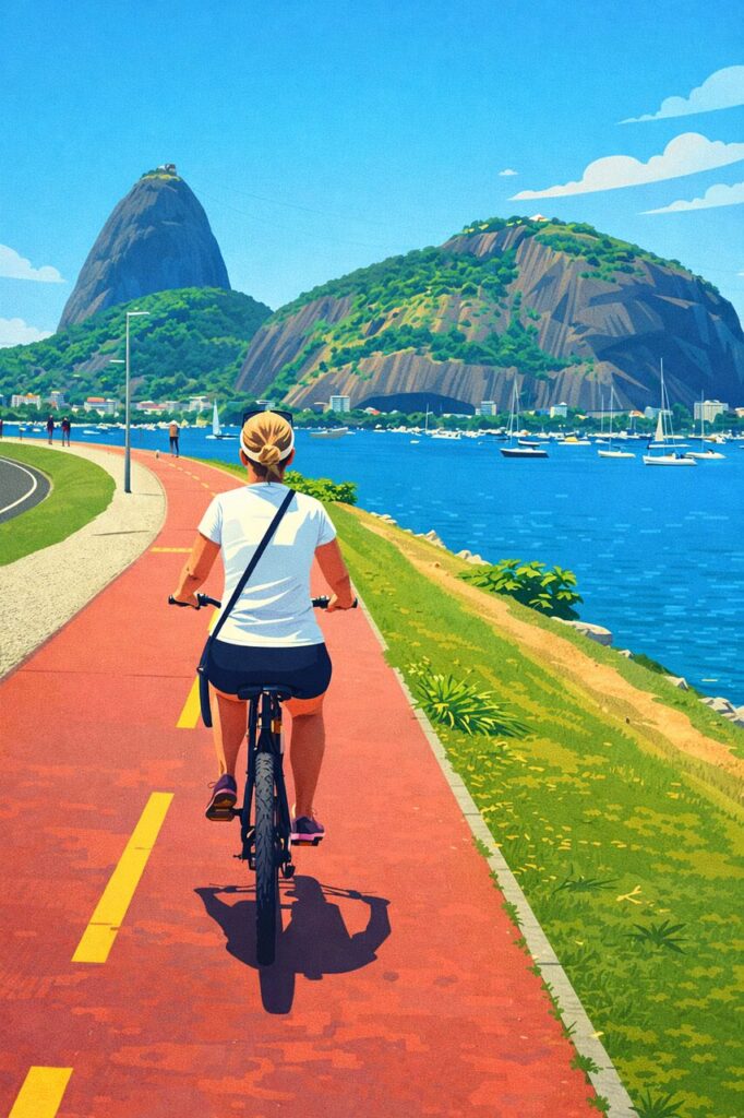 brazil, rio de janeiro, sugarloaf mountain, cycling, bike path, waterfront, seaside, tropical landscape, summer lifestyle, active lifestyle, outdoor activity, travel destination, city nature, blue sky, green hills, toggle urban, healthy living, woman cycling, modern illustration, flat design, minimal style, south america, vacation vibes, scenic route, ai generated
