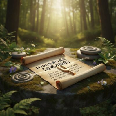 神秘的な森の奥、苔むした石の祭壇に置かれた古い巻物。巻物には【432Hz効果の真実】「自然の調和」と金色の文字で書かれ、音叉が乗せられている。周囲には螺旋模様の石、シダの葉、小さな野花が散らばり、木漏れ日が差し込む幻想的な光景。