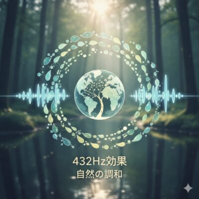 432Hz効果 自然の調和 - 森の湖に映る木々と光の差し込む幻想的な風景。中央に地球をモチーフにした輝く球体、周囲を葉・水滴・音符・音波が円状に囲む癒し系イラスト
