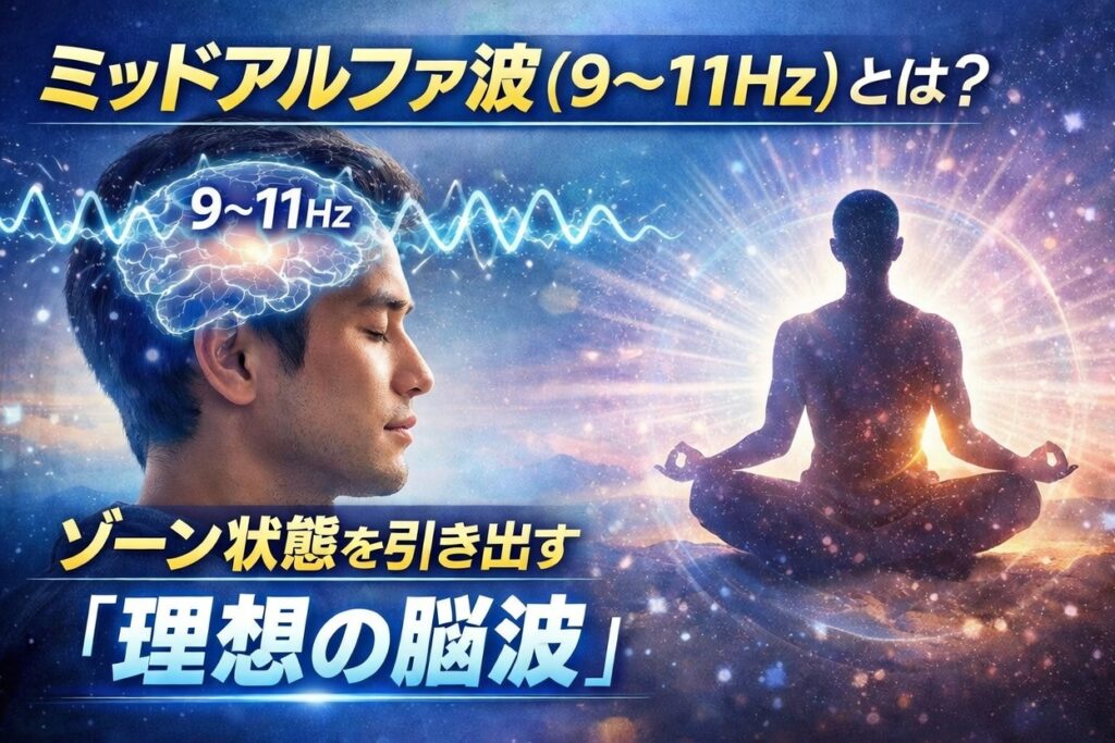 脳波の種類と周波数一覧（ベータ波・アルファ波・シータ波・デルタ波）ミッドアルファ波を高める　瞑想をする人　ゾーン状態に入り高い集中力を発揮する