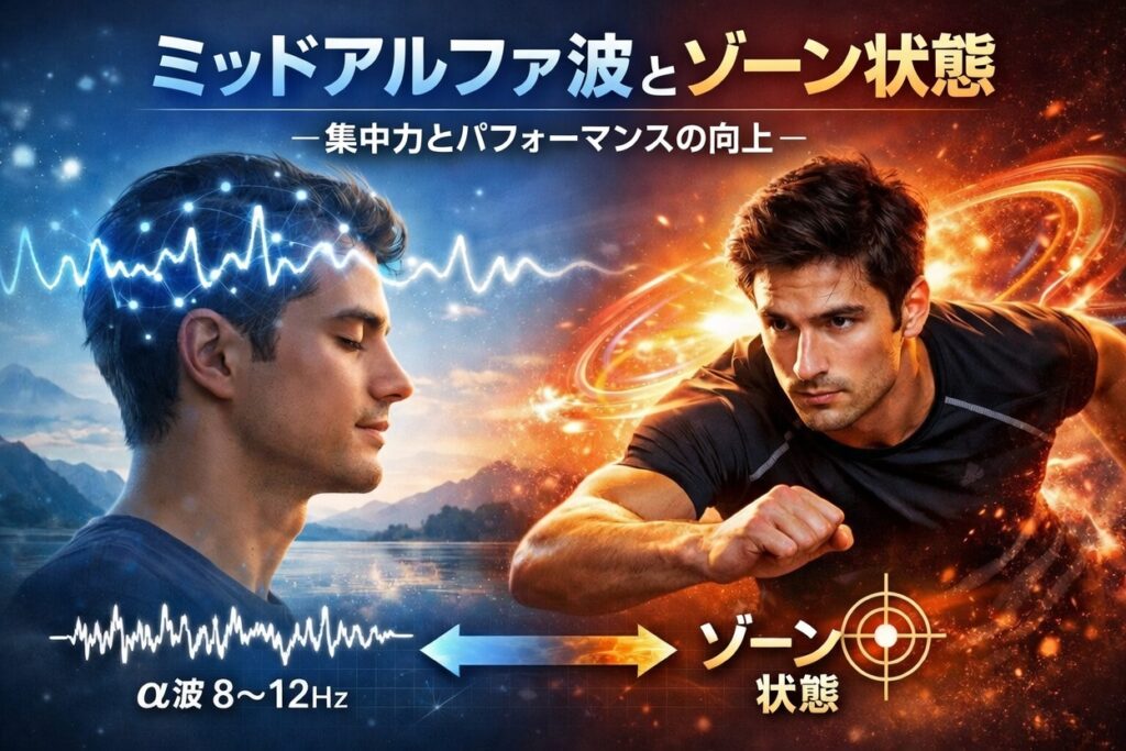 ゾーン状態に入り高い集中力を発揮するアスリート 脳波の種類と周波数一覧(ベータ波・アルファ波・シータ波・デルタ波) ミッドアルファ波を高め瞑想をする人