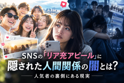 SNSの「リア充アピール」に隠された人間関係の闇と人気者の裏側にある現実を対比したアイキャッチ画像