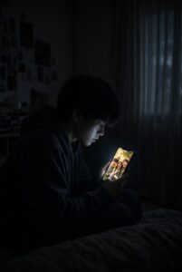 暗い部屋で一人ベッドに座り、スマホ画面に映る笑顔のグループ写真を見つめる青年。画面の明るい光だけが顔を照らし、リア充を見てモヤモヤする複雑な気持ちを象徴したイメージ