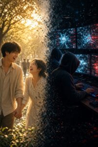 左側は明るい陽光の下で笑顔で手をつないで歩く幸せそうな若い日本人カップル、右側は暗い部屋でフードを深くかぶり顔を隠した人物が複数のモニターの前でキーボードを操作している様子。中央で光の粒子が闇に溶け込むように分かれたコントラストの強い構図。文字は一切なく、「リア充ほど匿名掲示板で悪口を書くのか？」というテーマを象徴したビジュアル。