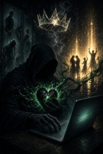 暗い部屋でフードを深くかぶった匿名の人物がノートパソコンを操作しながら、胸の前にひび割れた黒い心臓を抱きかかえている様子。心臓からは緑色の嫉妬のエネルギーが渦巻き、遠くに輝く幸せそうな人々のシルエットに向かって伸びている。頭上にはひびの入った輝く王冠が浮かび、壁の鏡には影のような自分自身が映り込んでいる。文字は一切なく、匿名で悪口を書く心理における嫉妬と優越感の関係を象徴したビジュアル。