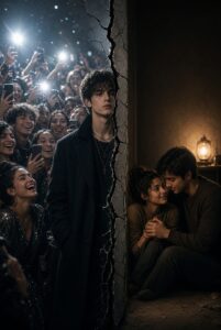 割れた壁を境に左側はスマホのフラッシュが光る大勢の人々に囲まれた人気者の青年、右側は温かい灯りの下で静かに寄り添う少人数の本物のつながりを描いた対比イメージ。友達の多さと人間性の優劣は別物であることを象徴している