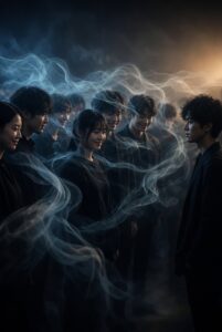 暗い空間で笑顔の若者グループと一人の人物が向かい合い、その間を漂う半透明の煙のような「空気」が人間関係を支配している様子を描いたイメージ。空気によって関係が決まることを象徴している