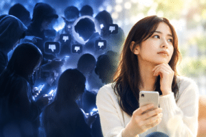 匿名性に流されず、ネット上の誹謗中傷に便乗せず冷静に考える女性と、スマートフォンで他人を批判する匿名の群衆を対比したイメージ。