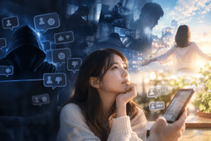 匿名のネット上の誹謗中傷と人間の心理を象徴する暗い空間で、スマートフォンを手に自分の行動を見つめ直す女性。オンライン上の攻撃性や偏見に流されず、他者への理解と自己反省を深めることの大切さを表現したイメージ。