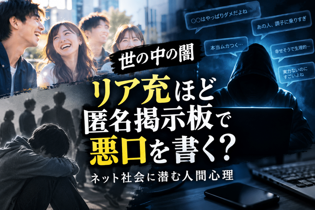 現実で楽しそうに過ごす人々と、匿名掲示板で他人への批判を書き込む人物を対比した画像。現実での立場とネット上での振る舞いの違いや、匿名空間に潜む人間心理を表現しています。