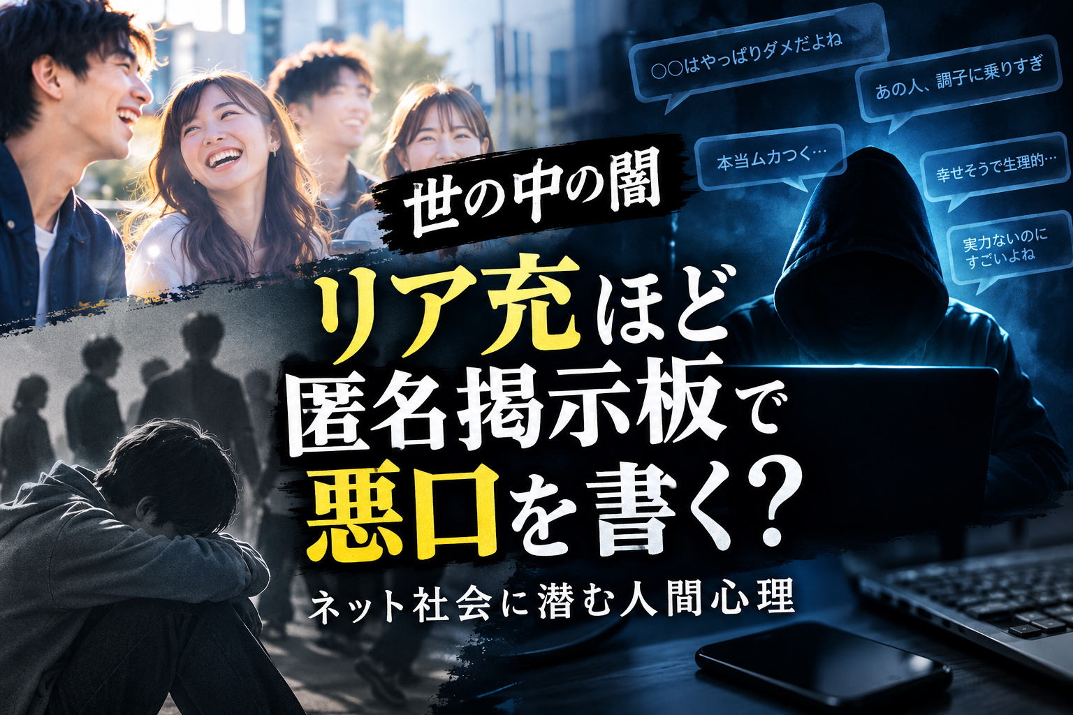 現実で楽しそうに過ごす人々と、匿名掲示板で他人への批判を書き込む人物を対比した画像。現実での立場とネット上での振る舞いの違いや、匿名空間に潜む人間心理を表現しています。