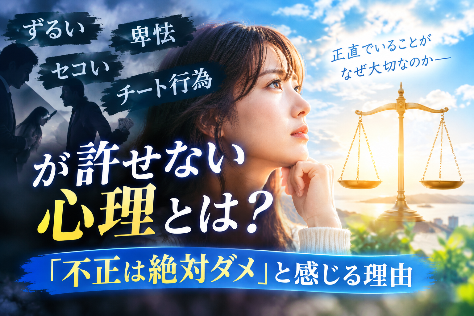 ずるい・卑怯・セコい・チート行為が許せない心理とは?「不正は絶対ダメ」と感じる理由をテーマに、正義感や誠実さについて考える女性と天秤のイメージ。