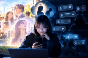 匿名のインターネット上で他人を批判する心理と、社会的評価や劣等感、優越感を求める心理を表現したイメージ。