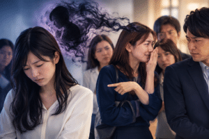 自分が嫌いな人を周囲にも嫌わせようとする人の心理を表現した画像。陰口を広めて他人を孤立させようとする女性と、悲しげにうつむく女性の対比。