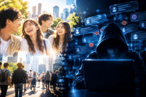 楽しそうに交流する人々と匿名掲示板に書き込む人物を対比し、ネット社会に潜む人間心理の闇を表現した画像