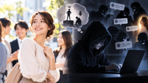 匿名のインターネット上で他人を批判する心理と、社会的評価や劣等感、優越感を求める心理を表現したイメージ。