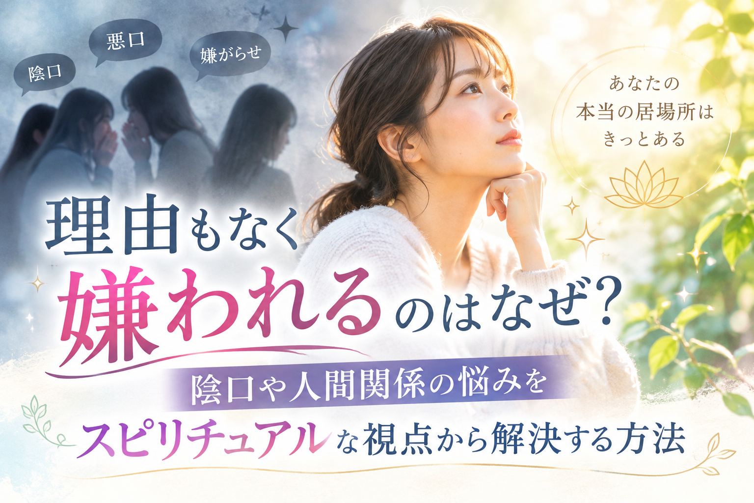 理由もなく嫌われるのはなぜか、陰口や人間関係の悩みをスピリチュアルな視点から解決する方法をイメージしたアイキャッチ画像